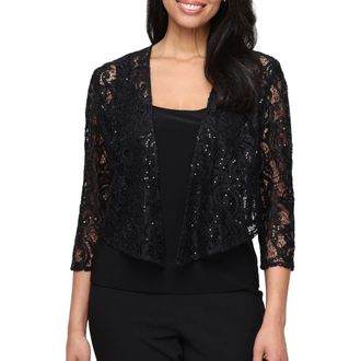 Alex Evenings Three-Quarter Sleeve Stretch Sequin Lace Coverup Jacket in Black at Nordstrom, Size X-Large