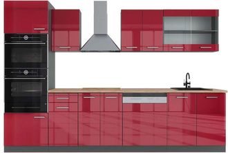 Vicco Mueble De Cocina R-line, Burdeos Brillo Intenso/antracita, 300 Cm Con Armario Alto, Et Roble