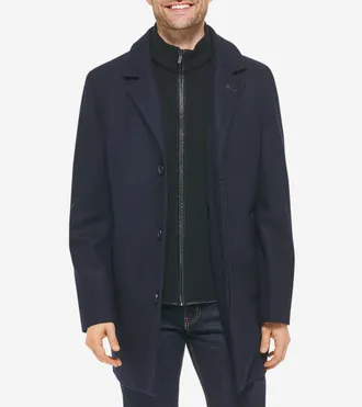 Cole Haan Mens Wool-Blend Car Coat - Blue Size Medium