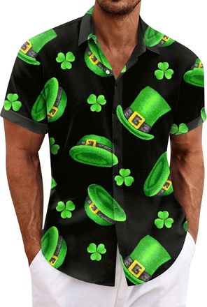 Generic St. Patricks Day Shirts for Men Irish Lucky Clover Shirt Funny Short Sleeve Blouses 2026 Hawaiian Button Down Tees(Black, XL)
