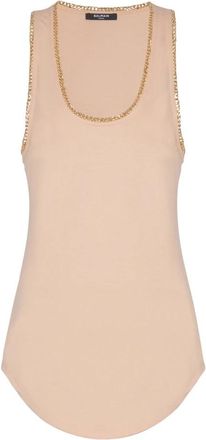 Balmain Relaxte jersey tanktop met kettingen - Dames - Tops zonder mouwen - Beige - XL - Katoen - Tops