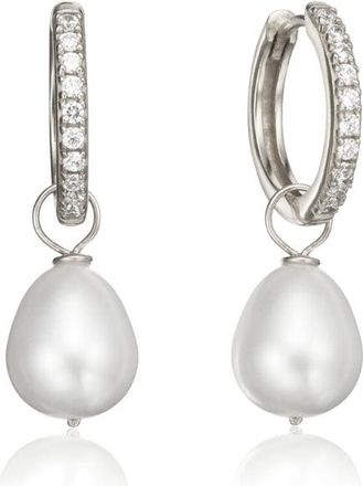 Lily & Roo Solid White Gold Genuine Diamond Style Large Pearl Drop Hoop Earrings