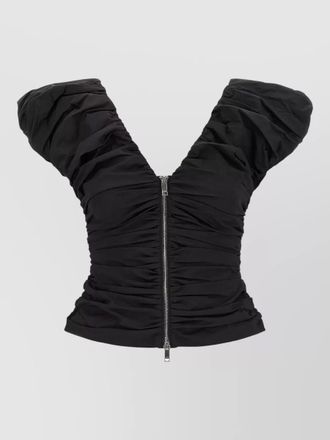 Ganni ruched top featuring puff sleeves v neckline