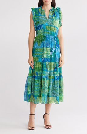 Sandra Darren Ruffle Sleeveless Tiered Midi Dress in Blue/Green at Nordstrom Rack, Size 14