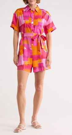 FRNCH Leoline Tie Waist Linen Blend Romper in Geo Pink at Nordstrom Rack, Size X-Small