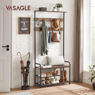 Vasagle Vasagle - Perchero Con Zapatero, Mueble Recibidor Con 9 Ganchos Extra&iacute;bles, Banco, Estante, 30 X 85 X 180,5 Cm, Pasillo Dormitorio Apartamento, Indust