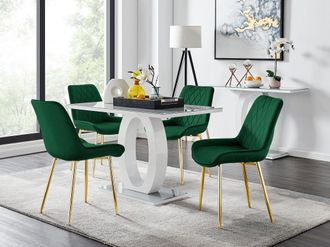 Furniturebox Giovani 4 Grey Dining Table & 4 Pesaro Gold Leg Chairs in Green
