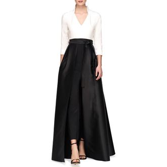 Kay Unger Sharon Tie Belt Three-Quarter Sleeve Satin Maxi Jumpsuit in White Black at Nordstrom, Size 6