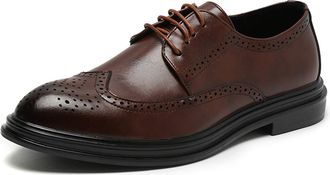 Generic Oxford Dress Shoes for Men Lace Up Brogue Embossed Wing Tip Round Burnished Toe Vegan Leather Non Slip Block Heel Rubber Sole Low Top Business(Brown,8