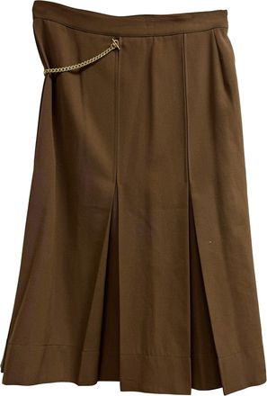 Victoria Beckham Embellished Pleated Midi Skirt in Brown Virgin Wool