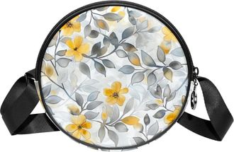 Generic Circle Crossbody Bag for Women, Floral Leaves Small Sling Bag Daypack with Zipper Adjustable Shoulder Straps Casual Ladies Girls Round Purse