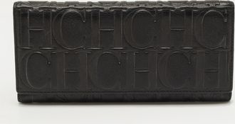 Carolina Herrera Black Monogram Embossed Leather Flap Continental Wallet