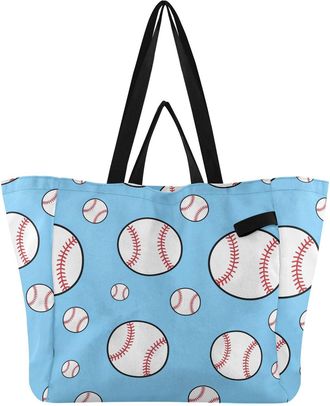Generic Baseball Blue print Reusable Canvas Tote Bag, Heavy Duty Grocery Shopping Bag with Large Capacity Hard Bottom Double Handles Work Groceries Travel
