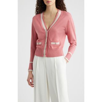 Elie Tahari The Kiva Metallic Stripe Cardigan in Dragon Fruit at Nordstrom, Size X-Large