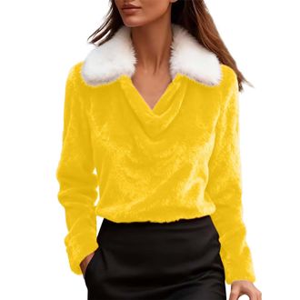 Generic Christmas Party Tops for Women UK Fluffy Cowl Neck Jumpers Fuzzy Fleece Long Sleeve Elegant Blouses Winter Warm Plush Collar Sweaters Yellow