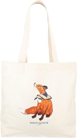 Maison Kitsun&eacute; Womens Tote Bag Dreaming Fox Beige Cotton Handbags Hand