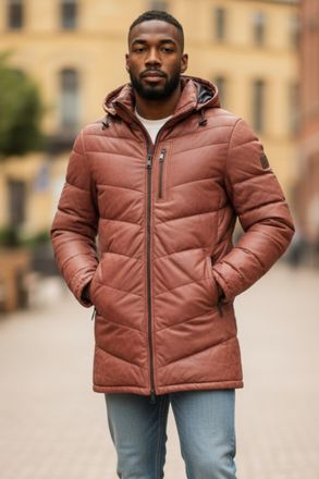 Infinity Leather Mens Tan Leather Quilted Jacket Hooded Puffer Winter Coat - Summit