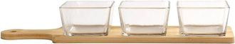 Trade Shop Trade Shop - Antipastiera Con 3 Bolsas De Vidrio Bandeja De Base En Bamb&uacute; 40x10cm Para Salsas De Finger Comida