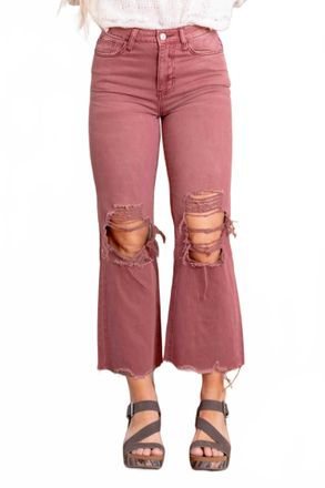 Flying Monkey Vintage High Rise Crop Ripped Flare Jeans In Russet Brown
