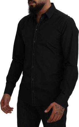 Dolce & Gabbana Mens Black Cotton Collared Long Sleeve Gold Shirt