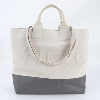 Gucci Beige Leather Canvas Shoulder Bag Tote Bag (Pre-Owned)