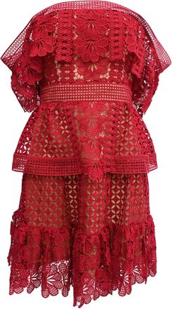 Self Portrait Off the Shoulder Guipure Lace Dress in Red Polyester