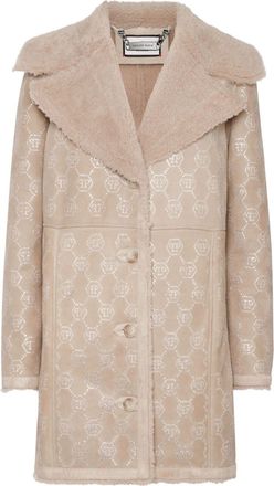 Philipp Plein monogram-pattern coat - women - Sheep Skin/Shearling - L - Neutrals