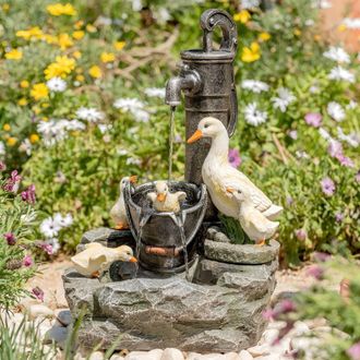 PRIMROSE Duck Family Water Feature Tap Garden Fountain with LED Lights 56cm in Beige