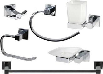 Trade Shop Trade Shop - Set Bagno Quadrato Acciaio Cromato E Vetro Satinato 6 Pezzi Arredo Moderno 52920