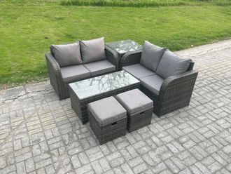 Fimous High Back Rattan Garden Furniture Set with Loveseat Sofa Coffee Table 2 Small Footstool Outdoor Patio Sofa Set in Dark Grey
