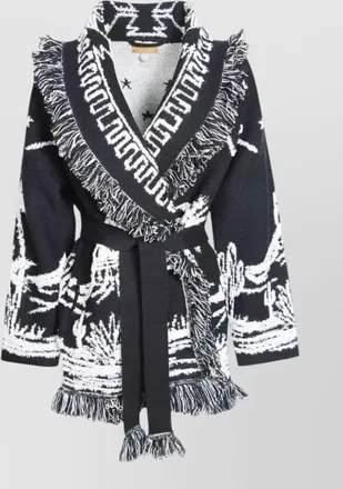Alanui cashmere fringed belted long-sleeve cardigan