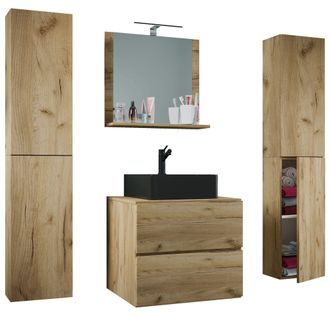 ebuy24 Ebuy24 - Vcm 5pcs Lavabo Lavabo Negro Gabinete Inferior Ancho 60 Cm Muebles De Ba&ntilde;o Con Cajones Espejo De Puertas Giratorias Lendas S Bl (roble De Mie