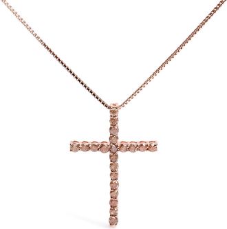 House of Brilliance 925 Sterling Silver 1.0 Cttw Champagne Diamond Gold Cross Pendant Necklace for Women- 18 inch