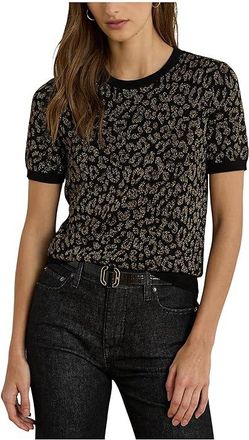 Lauren Ralph Lauren Metallic Ocelot Short-Sleeve Sweater Womens Sweater Black/Relic Gold : XS, Polyester/Viscose