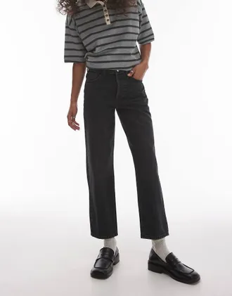 Topshop Runway mid rise straight cropped jean in washed black