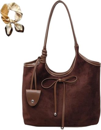 Generic Women Bow Suede Shoulder Purse,Vintage PU Bow Tote Bag,Casual Trendy Fall Large Capacity Hobo Handbag for Work Daily