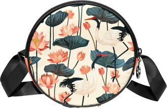 Generic Circle Crossbody Bag for Women, Lotuses Cranes Small Sling Bag Daypack with Zipper Adjustable Shoulder Straps Casual Ladies Girls Round Purse