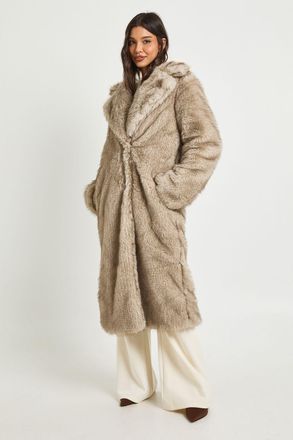 Boohoo Womens Vintage Look Faux Fur Maxi Jacket - Natural - Size 12 UK