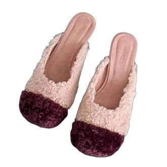Generic JCVBN Metal Chain Short Plush Slippers Women Autumn Winter Kitten Heel Fluffy Mules Shoes Ladies Comfort Non-Slip Slippers Pink