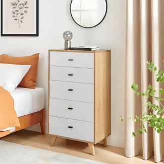 Furniturebox Bisset Off-White & Wood Effect Chest of 5 Drawers