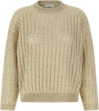 Brunello Cucinelli Betoverende Kabeltrui - Dames - Ronde hals truien - Beige - M - Nylon - Truien & Vesten
