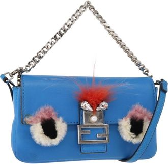 Fendi Monster Baguette Leather And Fur Blue Leather Handbag (Pre-Owned)