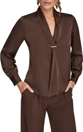 DKNY Tie Neck Satin Shirt in Chocolte at Nordstrom, Size Small