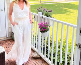 Surf Gypsy Gauze Embroidered Jumpsuit In White & Natural