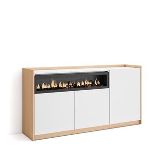 Skraut Home Aparador efecto madera blanco roble 157x37x80cm chimenea efecto fuego