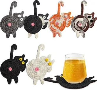 OEM Posavasos De Gato, Posavasos De Gato Adorables, 6 Piezas, Posavasos, 15 &times; 10 Cm, Blanco Y Negro, Gris, Gris, Marr&oacute;n, Naranja, Blanco, Negro