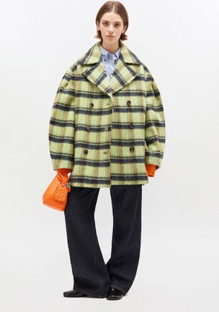 Ganni Check Oversized Brushed Wool Midi Coat - Size 34