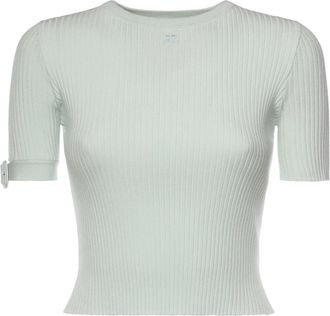 Courr&egrave;ges Buckle Rib Knit T-Shirt - Dames - Ronde hals truien - Groen - S - Polyester - Truien & Vesten
