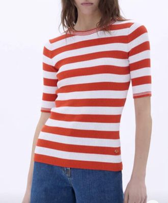 Sonia Rykiel Short Sleeve Stripe Sweater In Tangerine/white Stripe