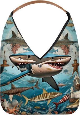Generic Vintage Map Sharks Reusable Lightweight Grocery Bags - Foldable Into Compact Pouch, Washable & Sturdy, Multipurpose for Shopping and Travel